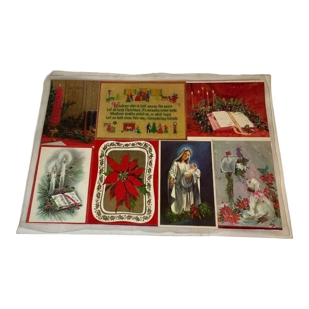 Vintage Set of 2 Kitchen Vinyl Foam Backed Christmas Placemats Postcard Collage
